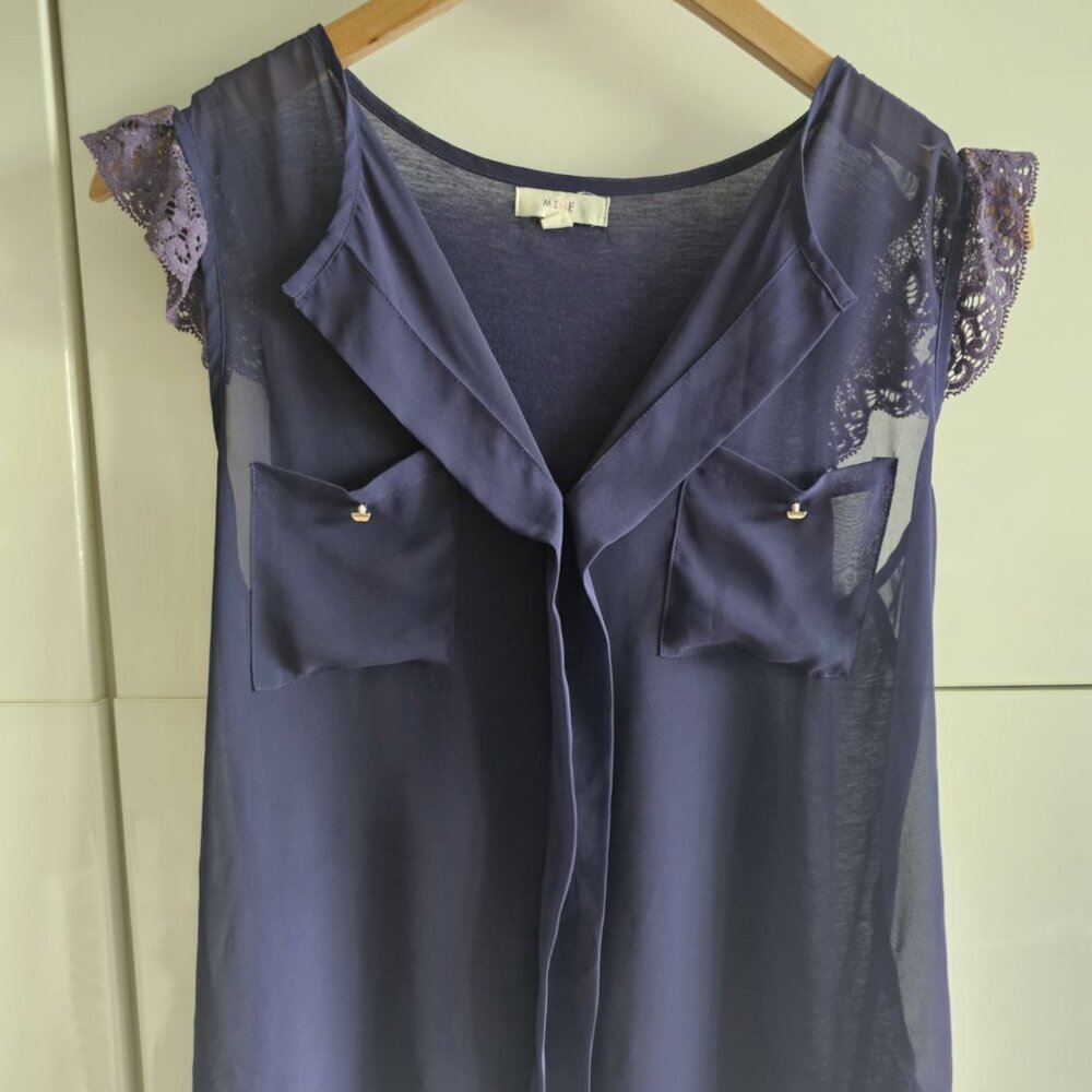 MINE Navy Semi Sheer Short Sleeve Blouse